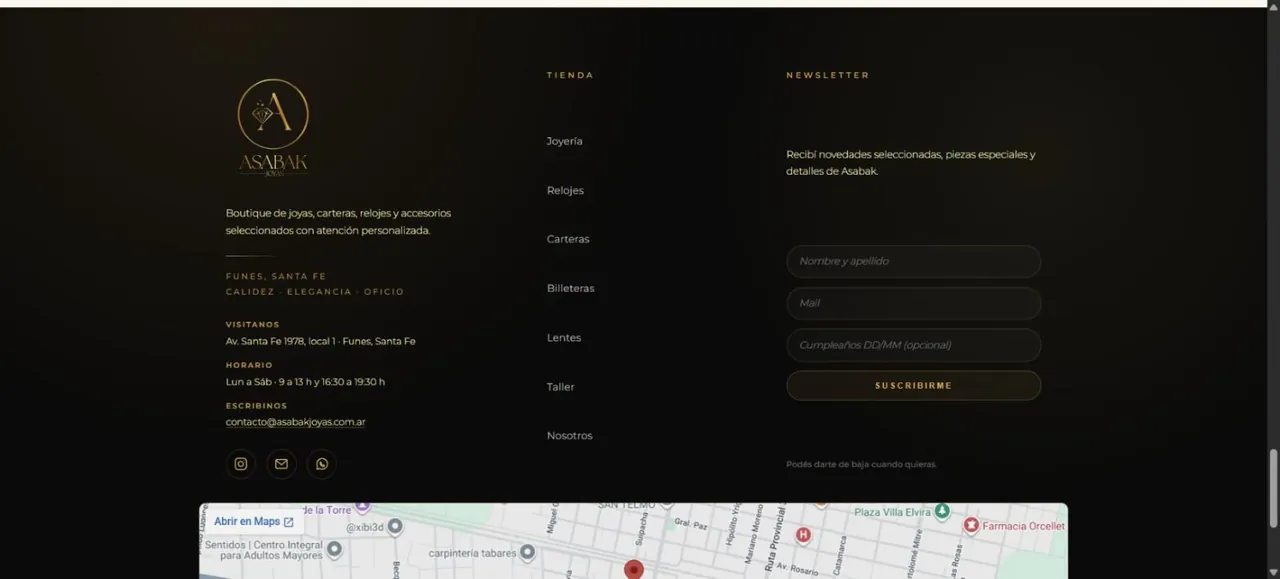 Pie de la tienda Asabak con datos de contacto, newsletter y mapa